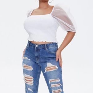 White Smocked Organza-Sleeve Top (3X)